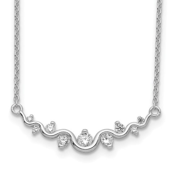 Sterling Silver Rhodium-plated Polished Fancy Wave CZ Bar Necklace.