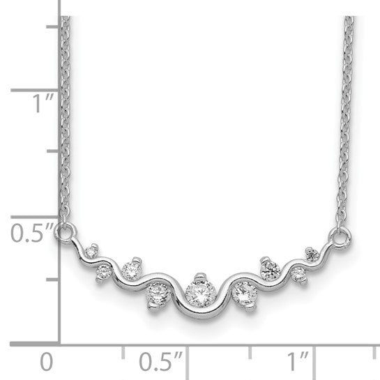 Sterling Silver Rhodium-plated Polished Fancy Wave CZ Bar Necklace.