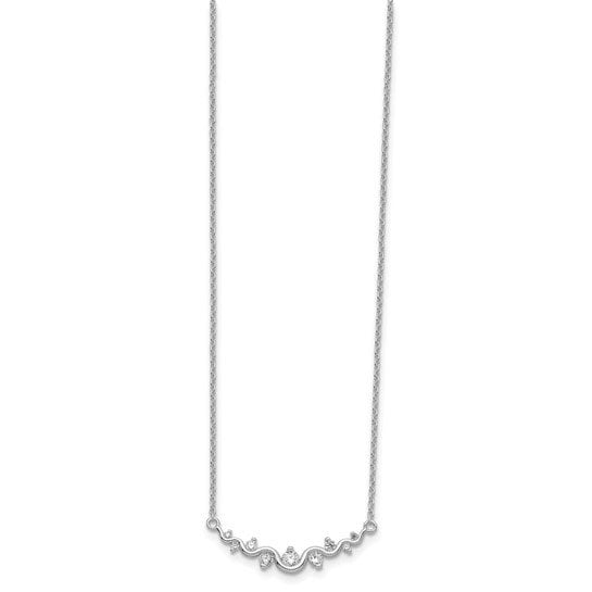 Sterling Silver Rhodium-plated Polished Fancy Wave CZ Bar Necklace.