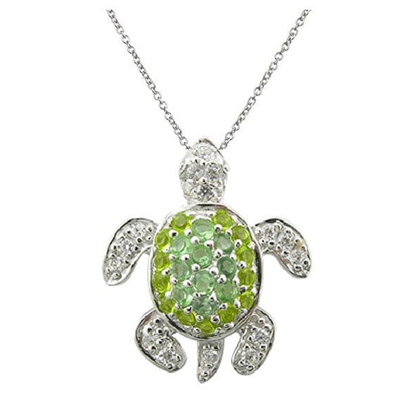 Sterling Silver Rhodium-plated White and Green CZ Turtle 16 inch Necklace with 2 inch extension