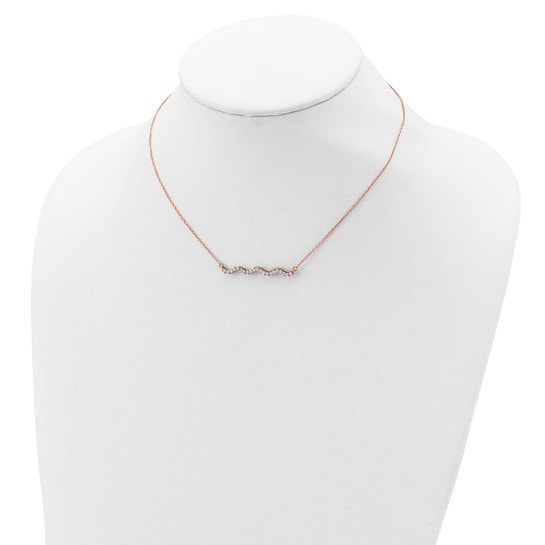 Sterling Silver Rose Gold-plated CZ with 2in ext. Wavy Bar Necklace