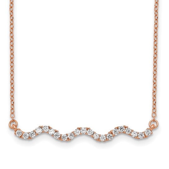 Sterling Silver Rose Gold-plated CZ with 2in ext. Wavy Bar Necklace
