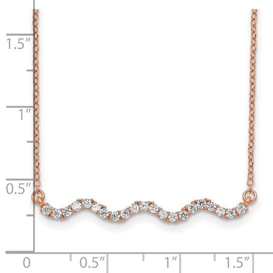 Sterling Silver Rose Gold-plated CZ with 2in ext. Wavy Bar Necklace