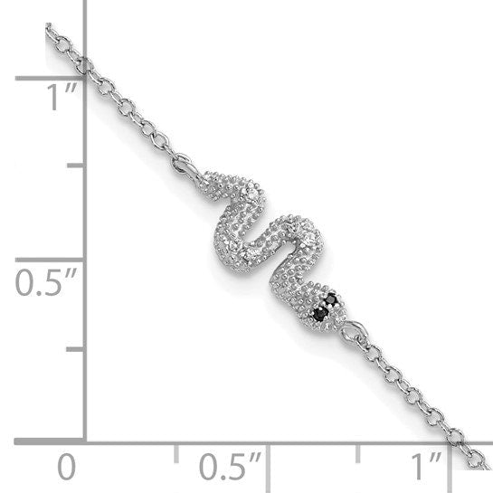 Sterling Silver Rhodium-plated Black and White CZ Snake 7 Inch Bracelet with 1 Inch Extension