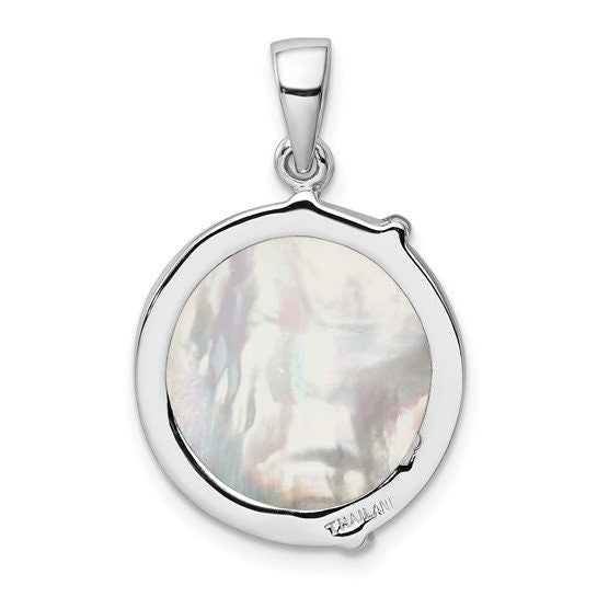 Sterling Silver Rhodium-plated Mother of Pearl Palm Tree Round Pendant