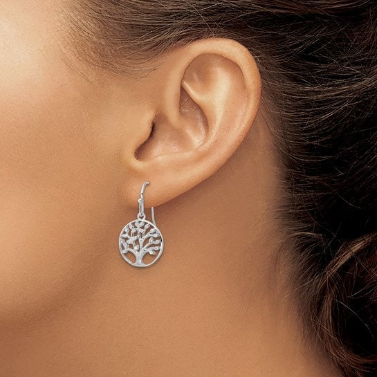 Sterling Silver Rhodium-plated Dangle Polished CZ Tree of Life Earrings