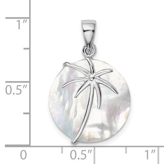 Sterling Silver Rhodium-plated Mother of Pearl Palm Tree Round Pendant