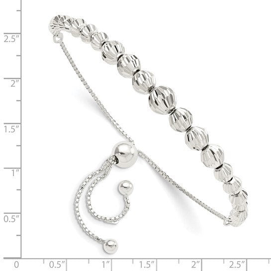 Sterling Silver Polished and Diamond Cut Beaded Adjustable Bracelet
