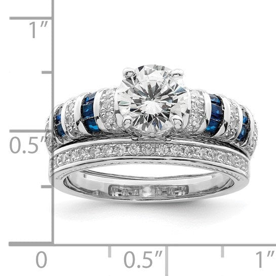 Sterling Silver Rhodium-plated Polished Blue and White CZ Engagement and Band
