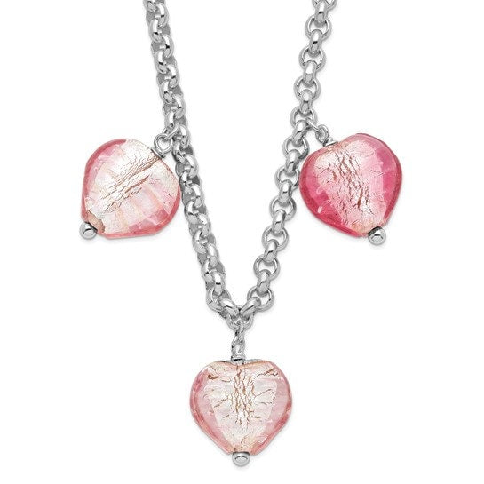 Sterling Silver Pink Murano Glass Heart Earrings and Necklace Set