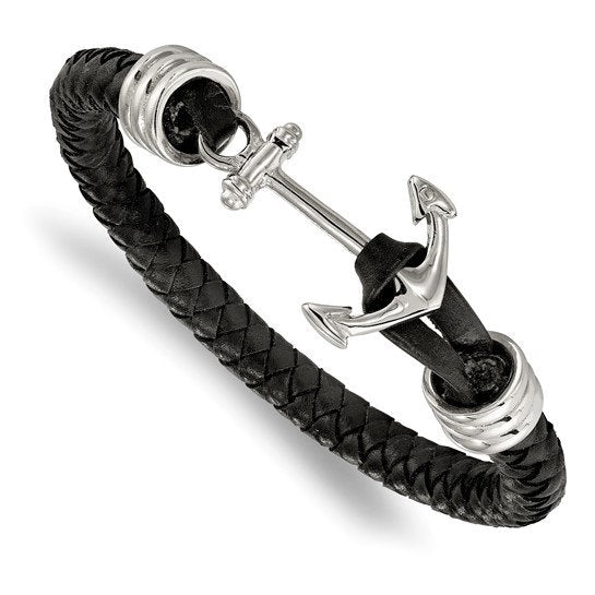 Anchor Black Braided Leather Bracelet