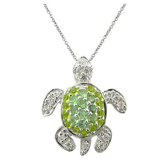 Sterling Silver Rhodium-plated White and Green CZ Turtle 16 inch Necklace with 2 inch extension