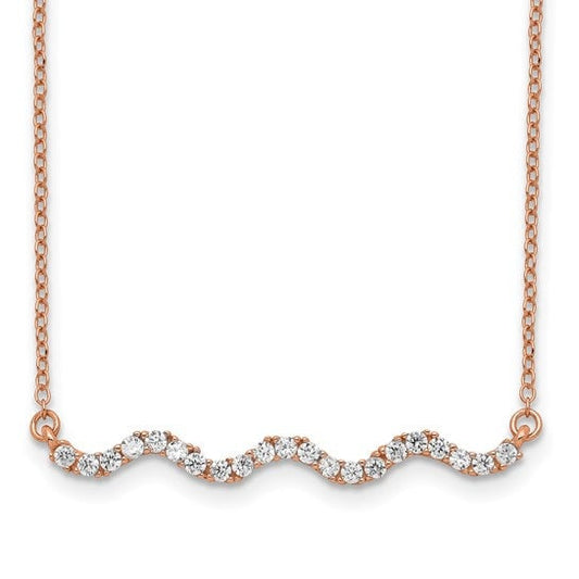 Sterling Silver Rose Gold-plated CZ with 2in ext. Wavy Bar Necklace