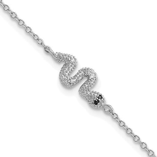 Sterling Silver Rhodium-plated Black and White CZ Snake 7 Inch Bracelet with 1 Inch Extension