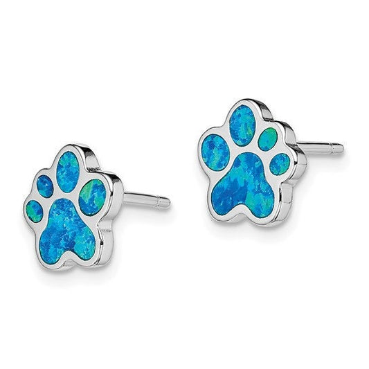 Sterling Silver Rhodium-Plated Blue Opal Paw Print Post Earrings