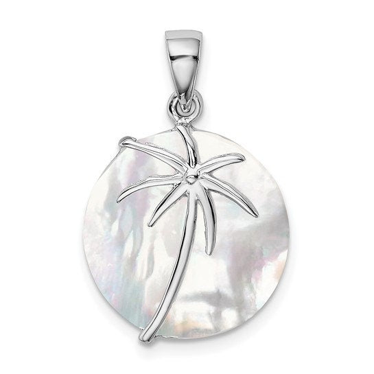 Sterling Silver Rhodium-plated Mother of Pearl Palm Tree Round Pendant