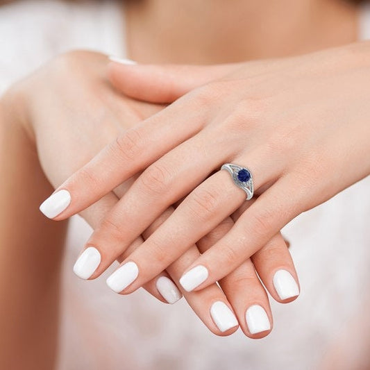 Sterling Silver Rhodium-plated Diam. & Created Sapphire Ring