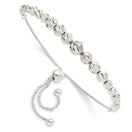 Sterling Silver Polished and Diamond Cut Beaded Adjustable Bracelet
