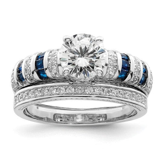 Sterling Silver Rhodium-plated Polished Blue and White CZ Engagement and Band
