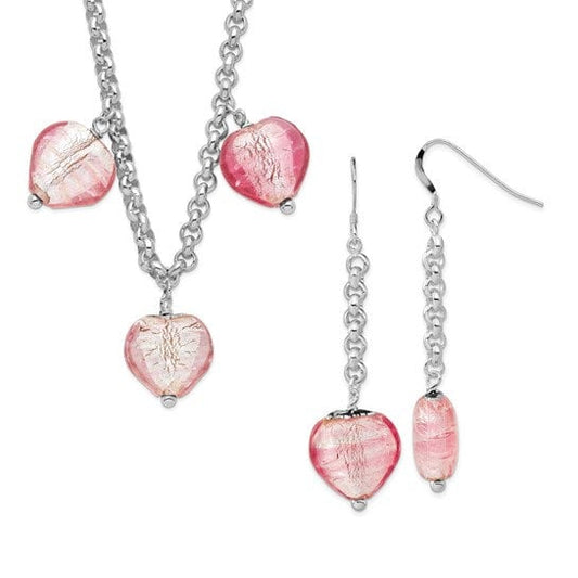 Sterling Silver Pink Murano Glass Heart Earrings and Necklace Set